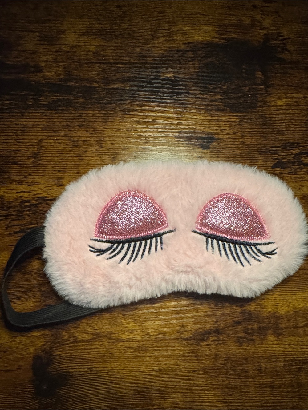 Pink Fuzzy Sleep Mask with Glitter Eyelid Detail